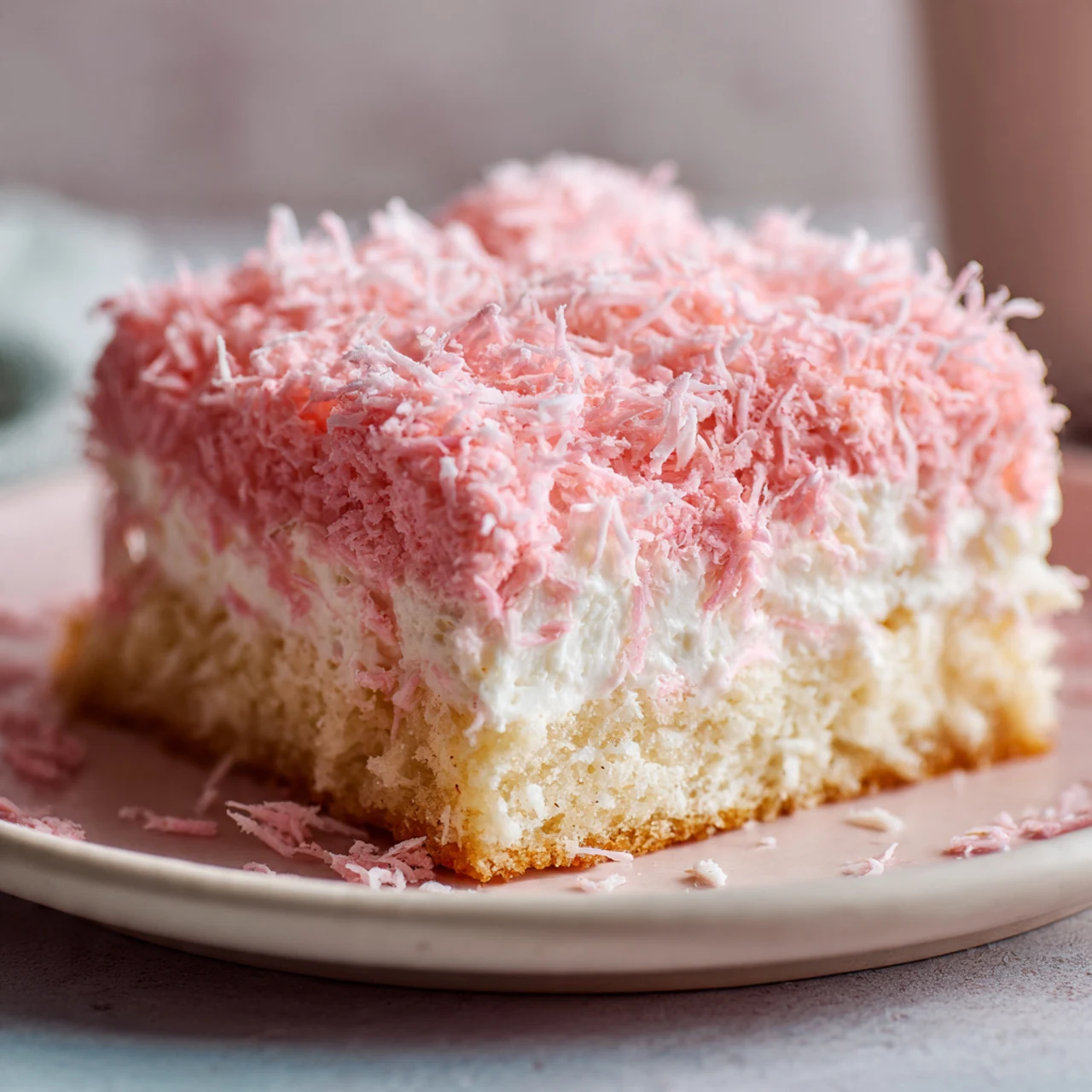 Haunted Pink Coconut Snowball Cake Bars – Spooky Halloween Treats 8 Pink coconut snowball cake bars on a plate