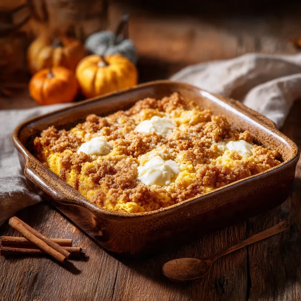 Pumpkin dump cake in rustic pan
