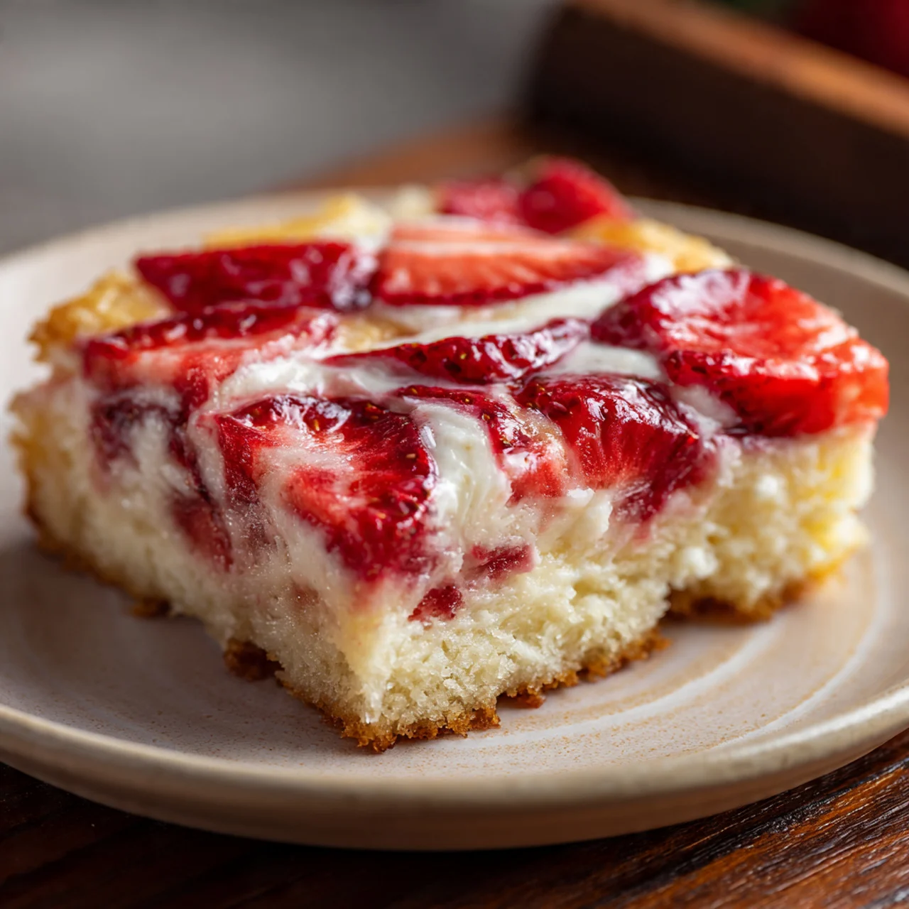 Strawberry cream cheese dump cake served warm