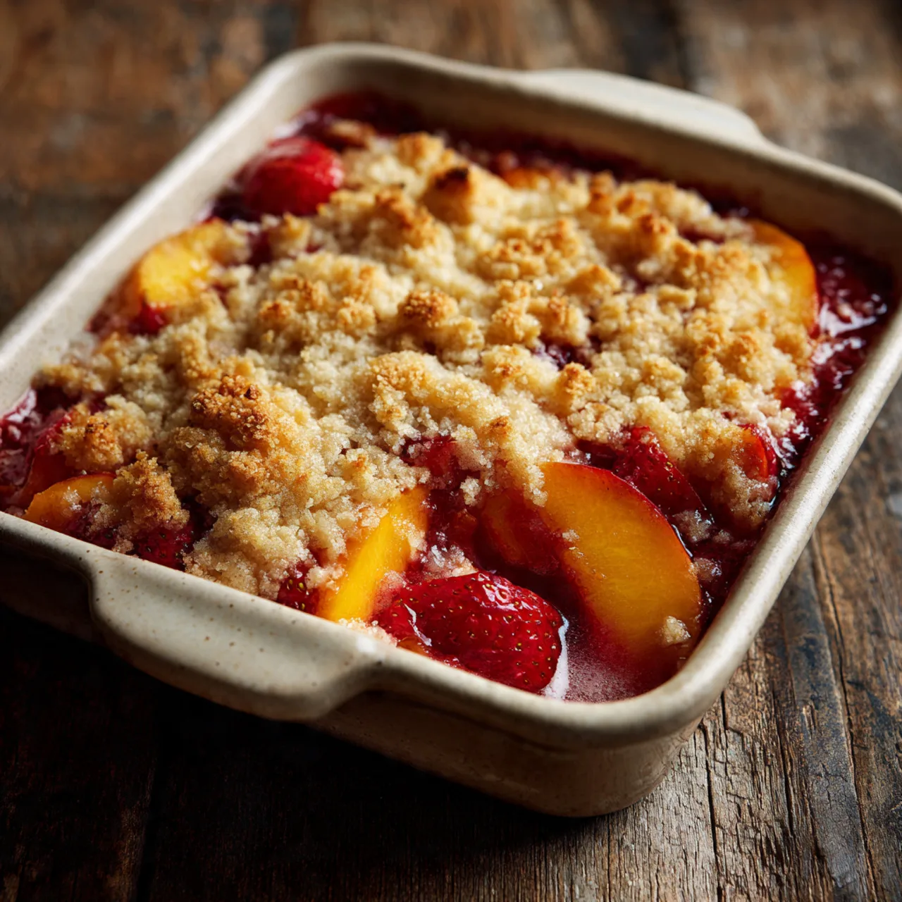 Strawberry peach dump cake served hot