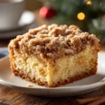Slice of eggnog coffee cake with crumb topping