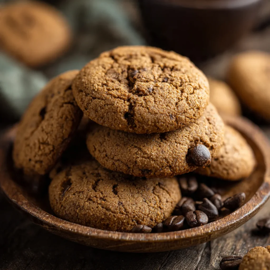 Stack of coffee bean cookies on a wooden plate