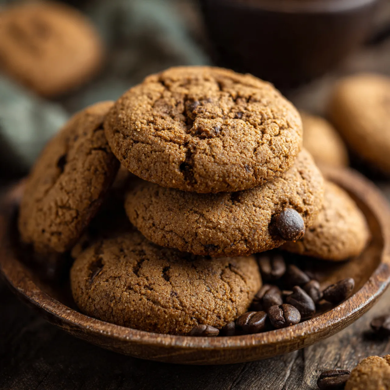 Stack of coffee bean cookies on a wooden plate