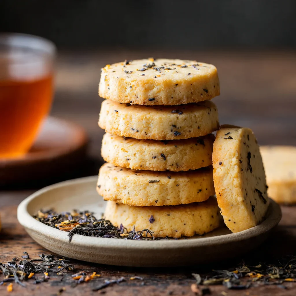 Stack of Earl Grey shortbread cookies on ceramic plate