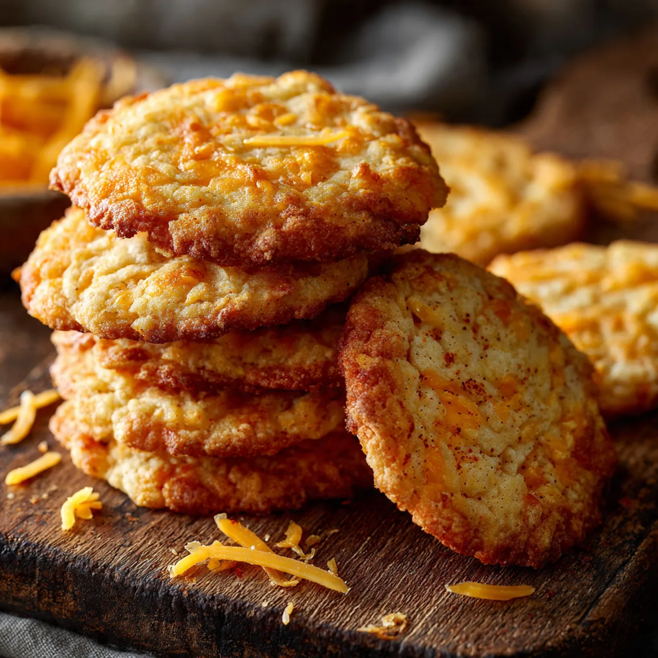 Crispy cheddar cheese cookies stacked on a plate