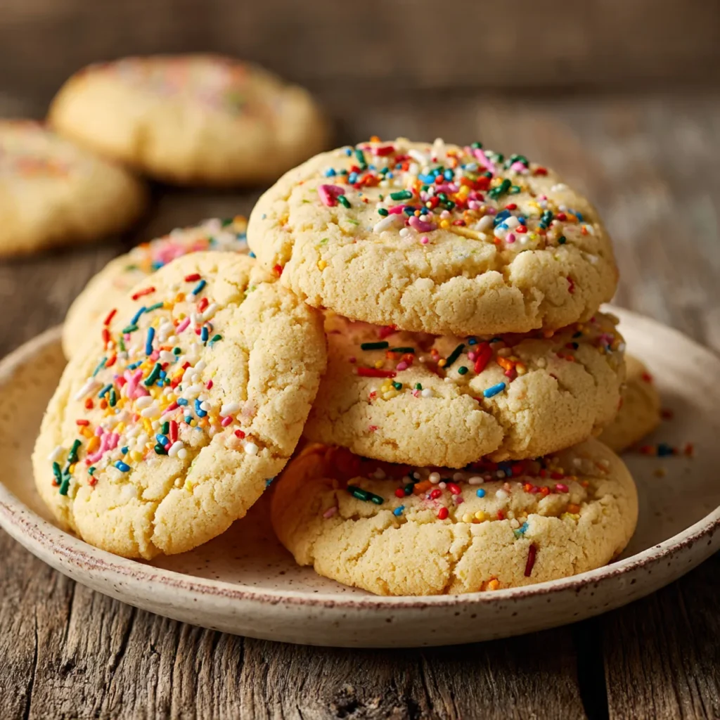 Stack of gluten free sugar cookies topped with sprinkles