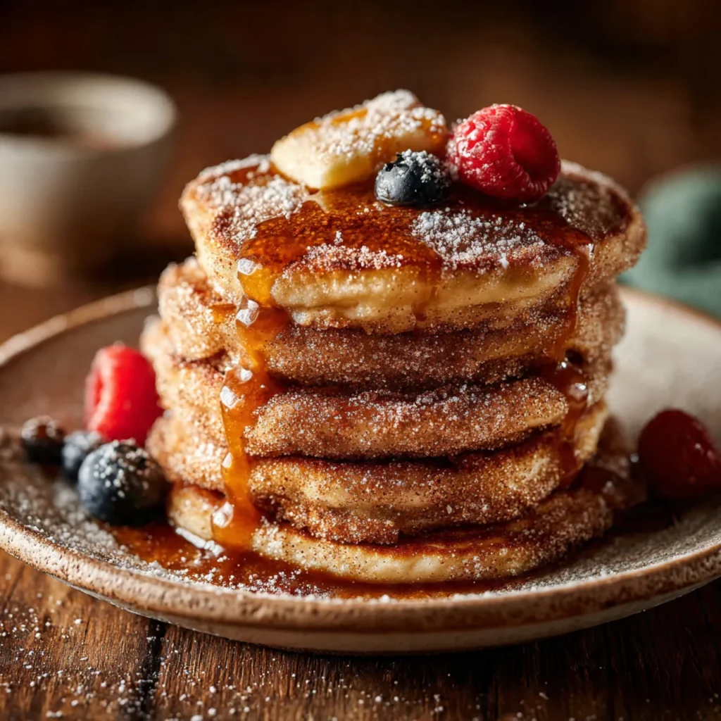 Stack of Spanish churro pancakes dusted with cinnamon sugar