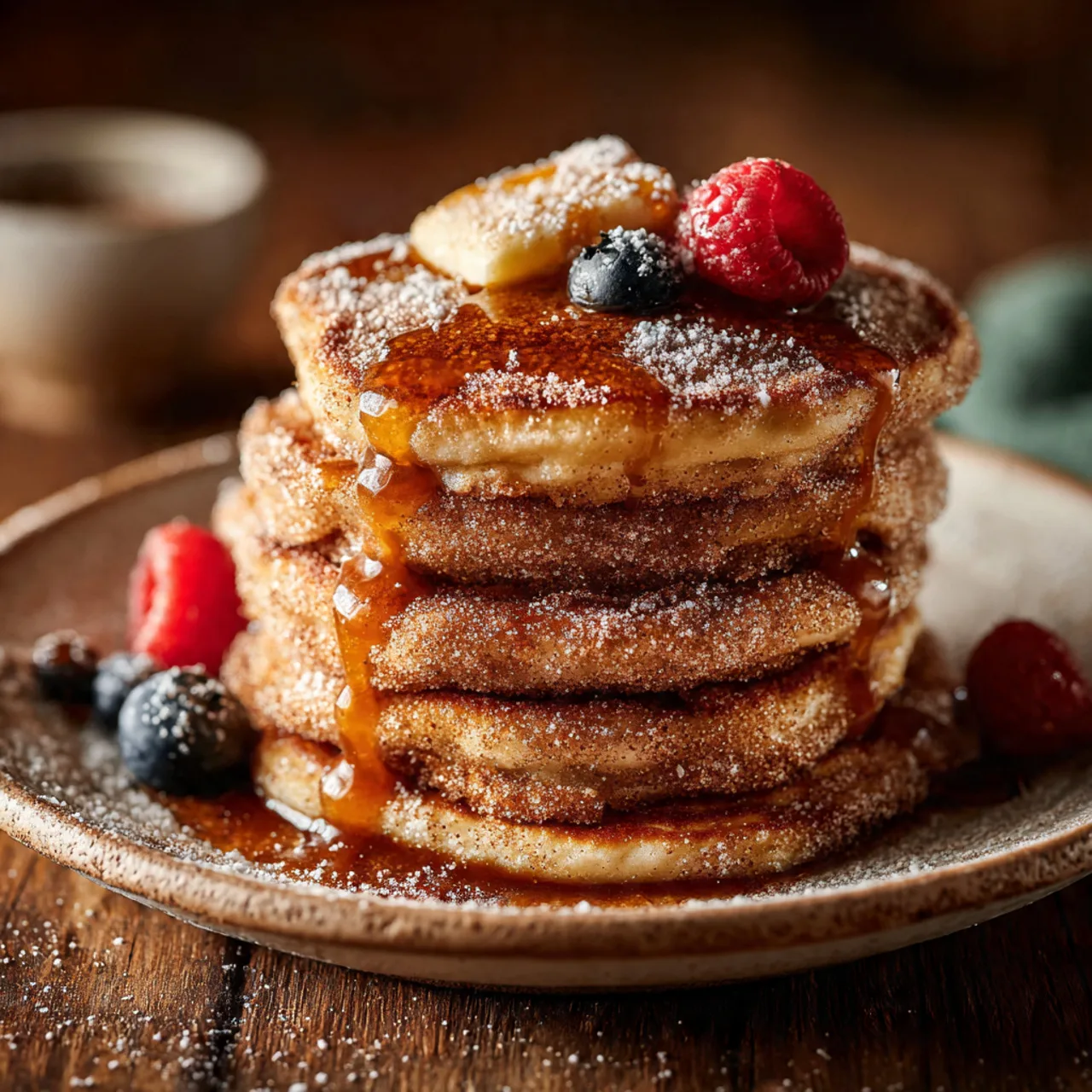 Stack of Spanish churro pancakes dusted with cinnamon sugar