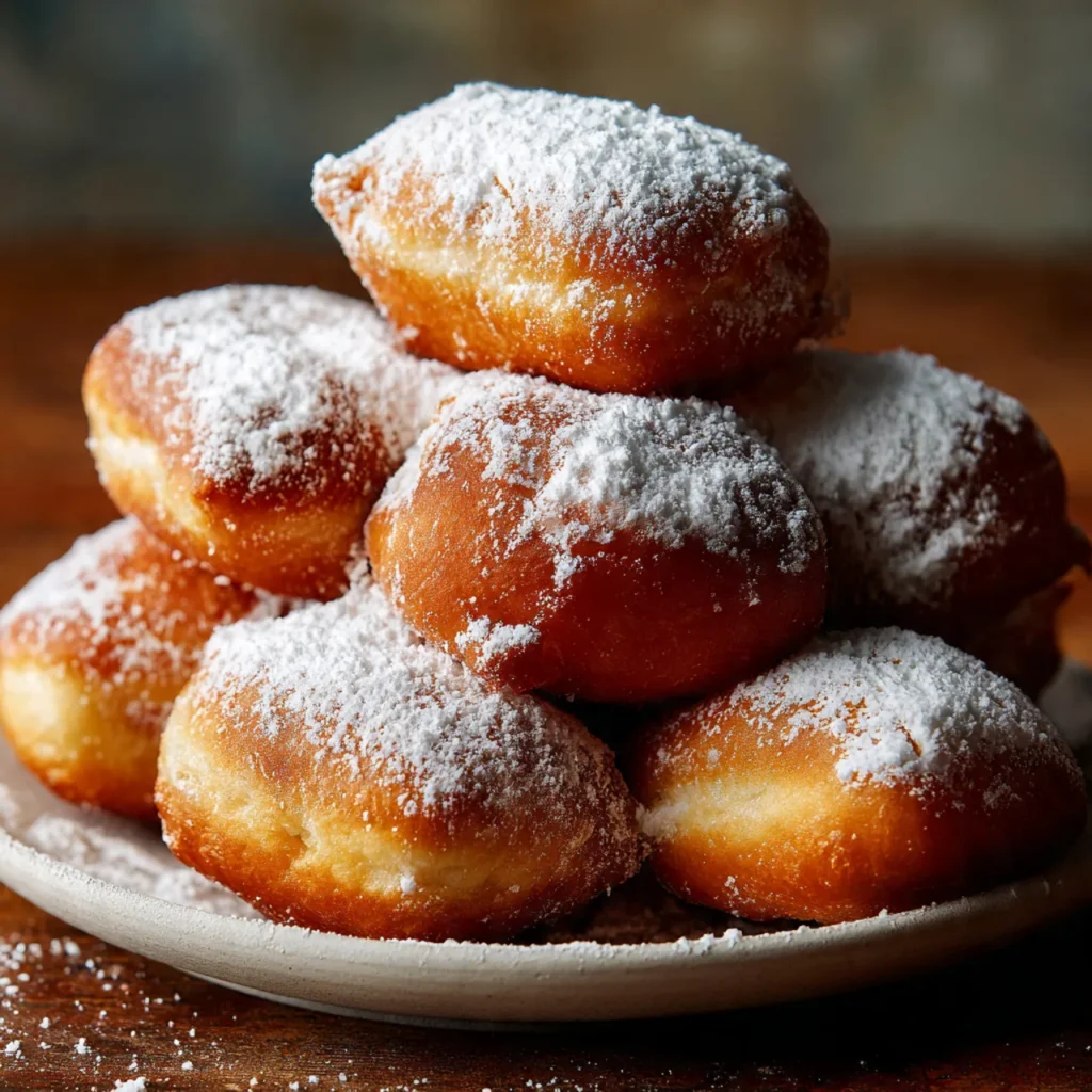 Freshly fried Vanilla French Beignets stacked on a plate