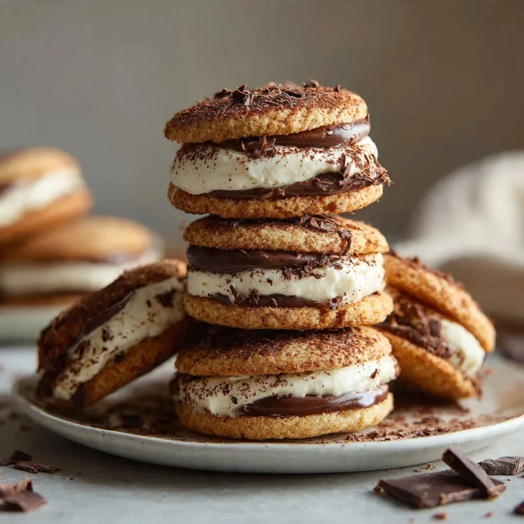 Stack of Healthy Tiramisu Cookies with mascarpone filling