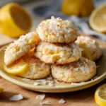 Stack of lemon coconut cheesecake cookies with creamy centers