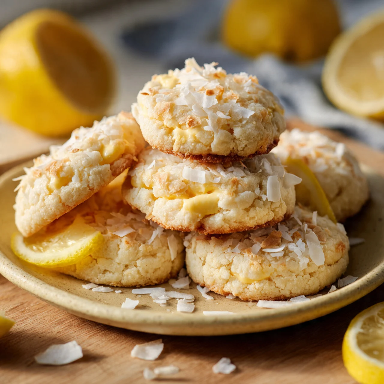 Stack of lemon coconut cheesecake cookies with creamy centers