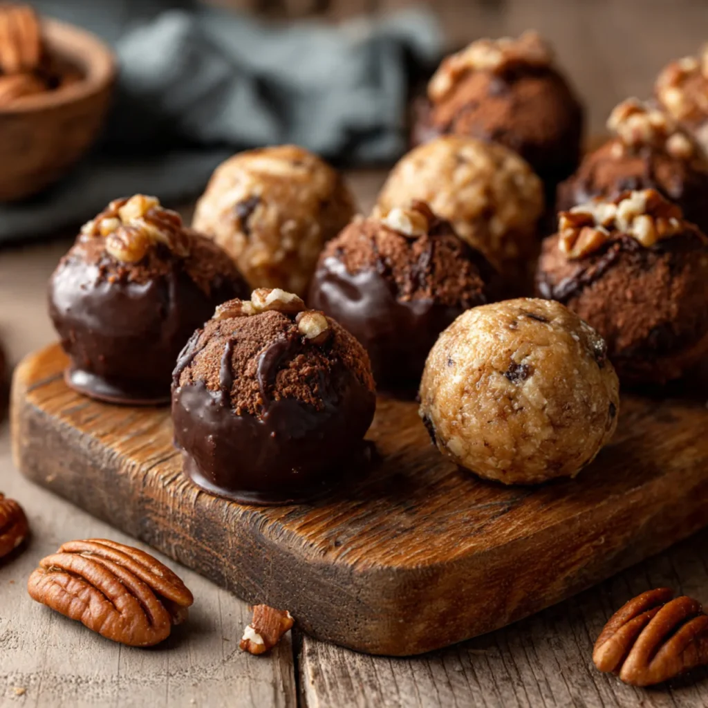 Tray of no-bake pecan pie balls, some chocolate-coated