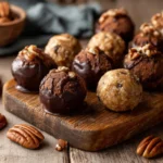 Tray of no-bake pecan pie balls, some chocolate-coated