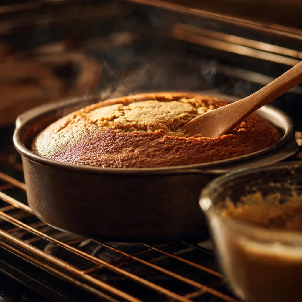Banana Nut Cake baking in oven