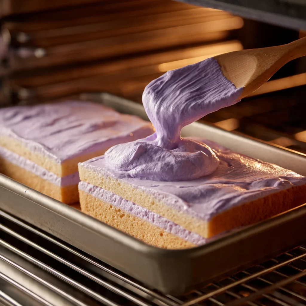 Fluffy taro ube cloud cake batter in pan