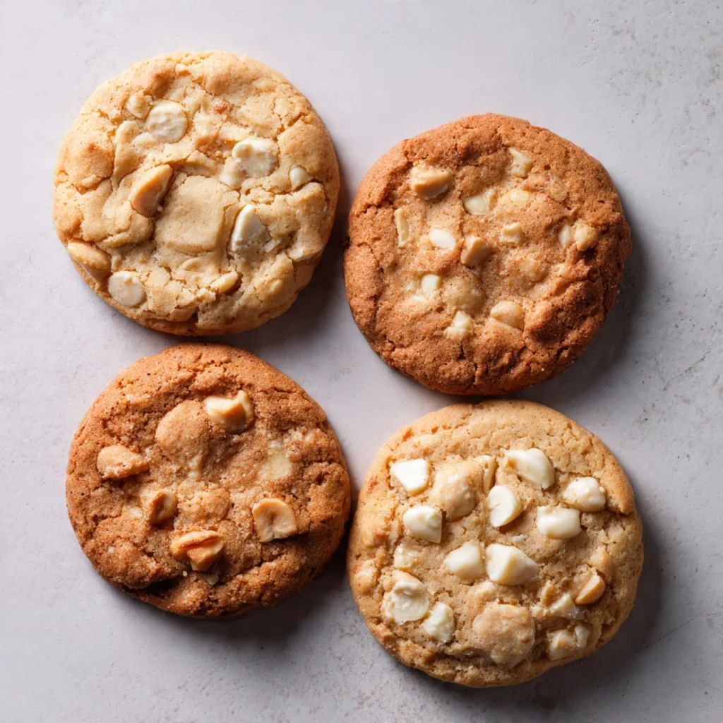 Four vegan white chocolate macadamia nut cookie variations