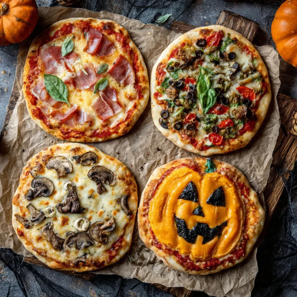 Four mini pumpkin pizza variations