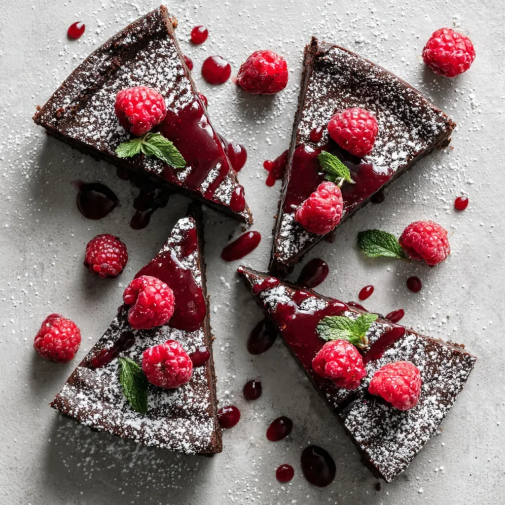Four serving styles of flourless chocolate raspberry cake
