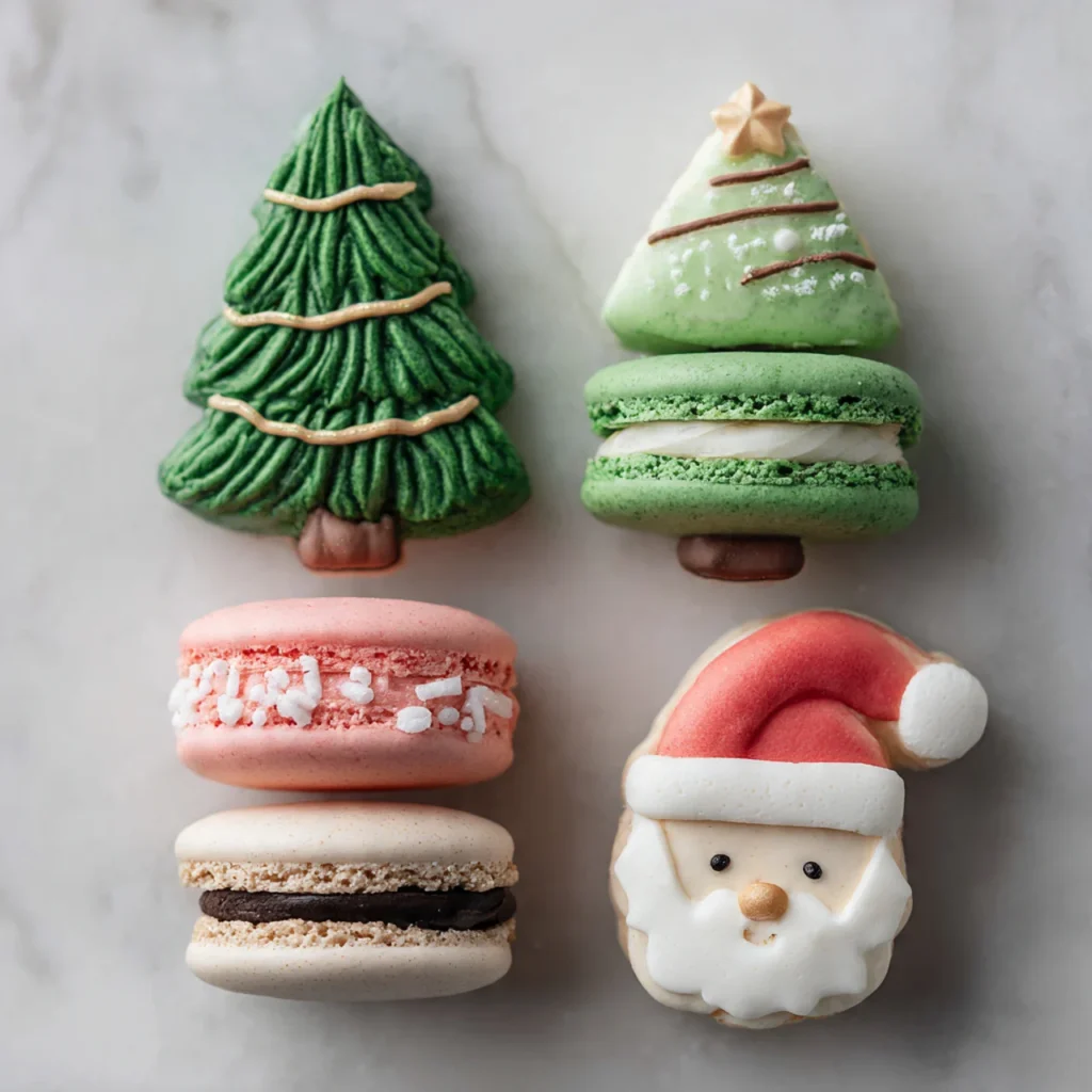 Christmas Tree Cake Macaron Recipe: Easy and Festive Holiday Treat 11 Christmas tree and Santa macarons flat lay
