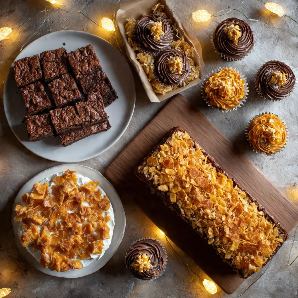 Four variations of cornflake crust brownies