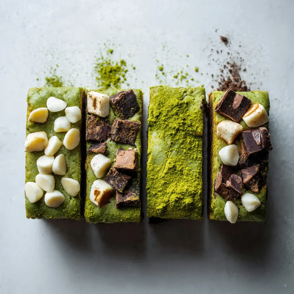 Four matcha mochi brownie variations
