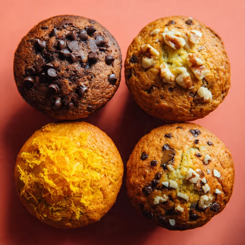 Four variations of orange zest muffins