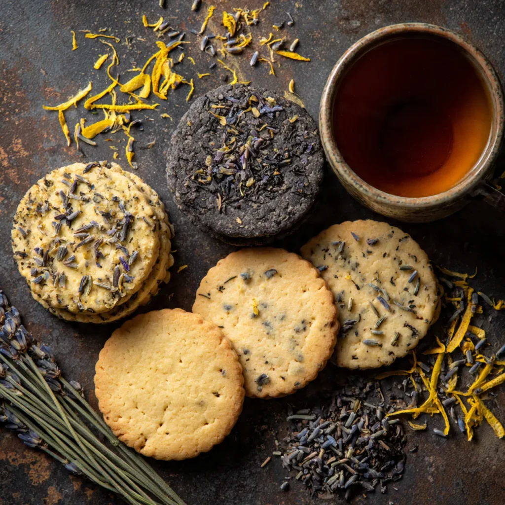 Three variations of Earl Grey shortbread cookies