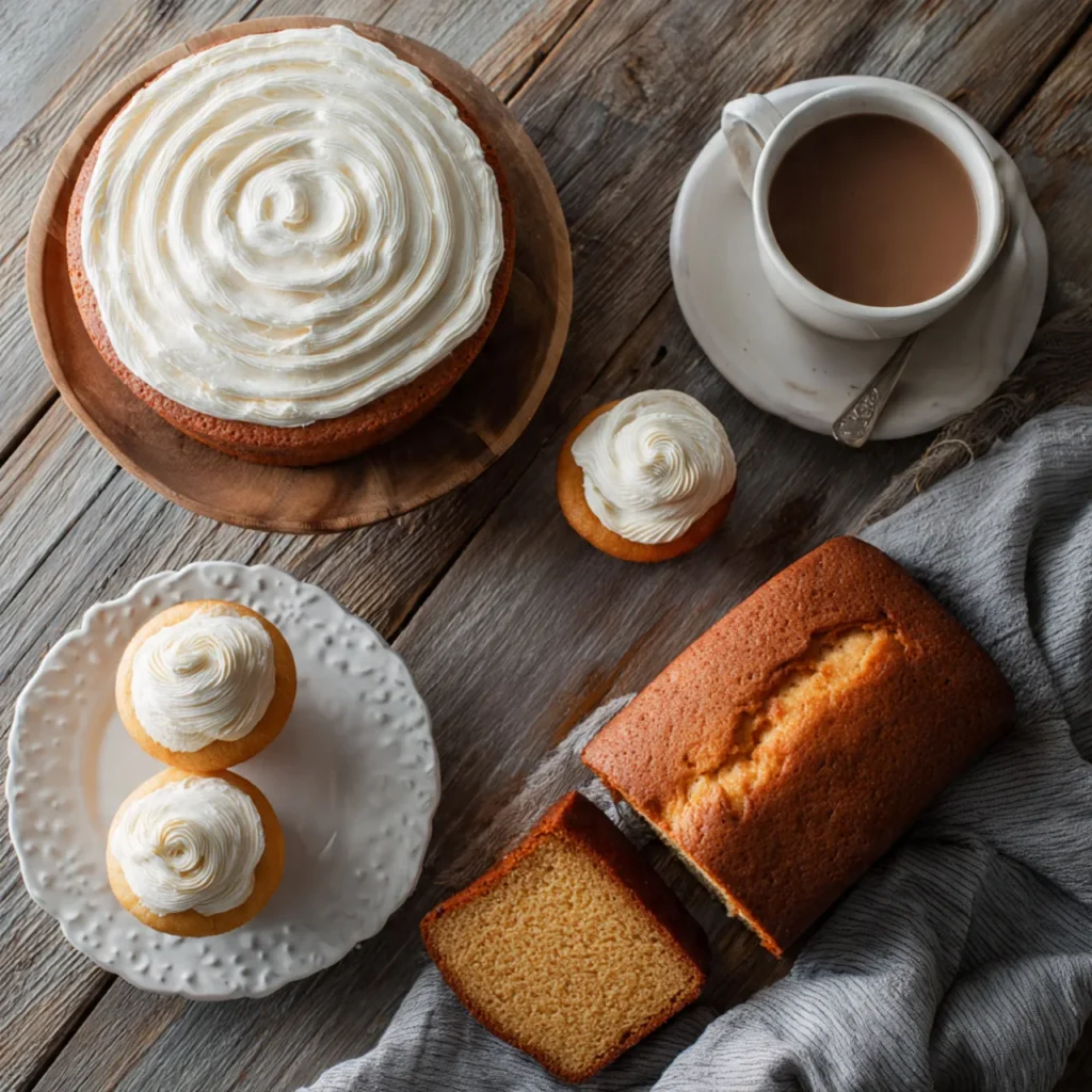 London Fog Cake variations: cupcakes, loaf, round cake