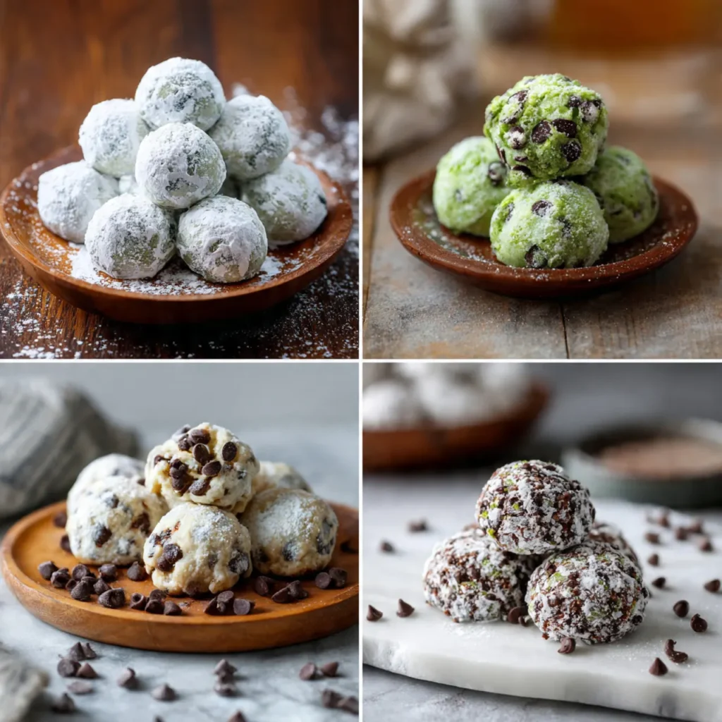 Four variations of mint chocolate chip snowball cookies