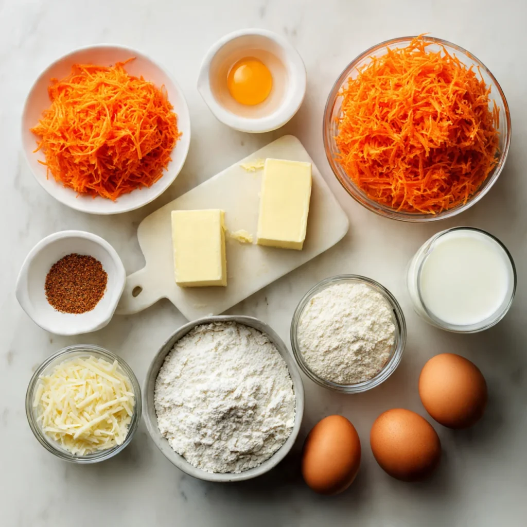 Ingredients for carrot soufflé laid out on counter