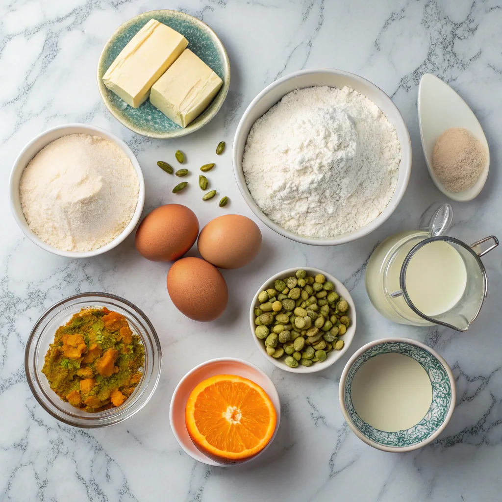 Ingredients for Cardamom Orange Pistachio Tea Cake