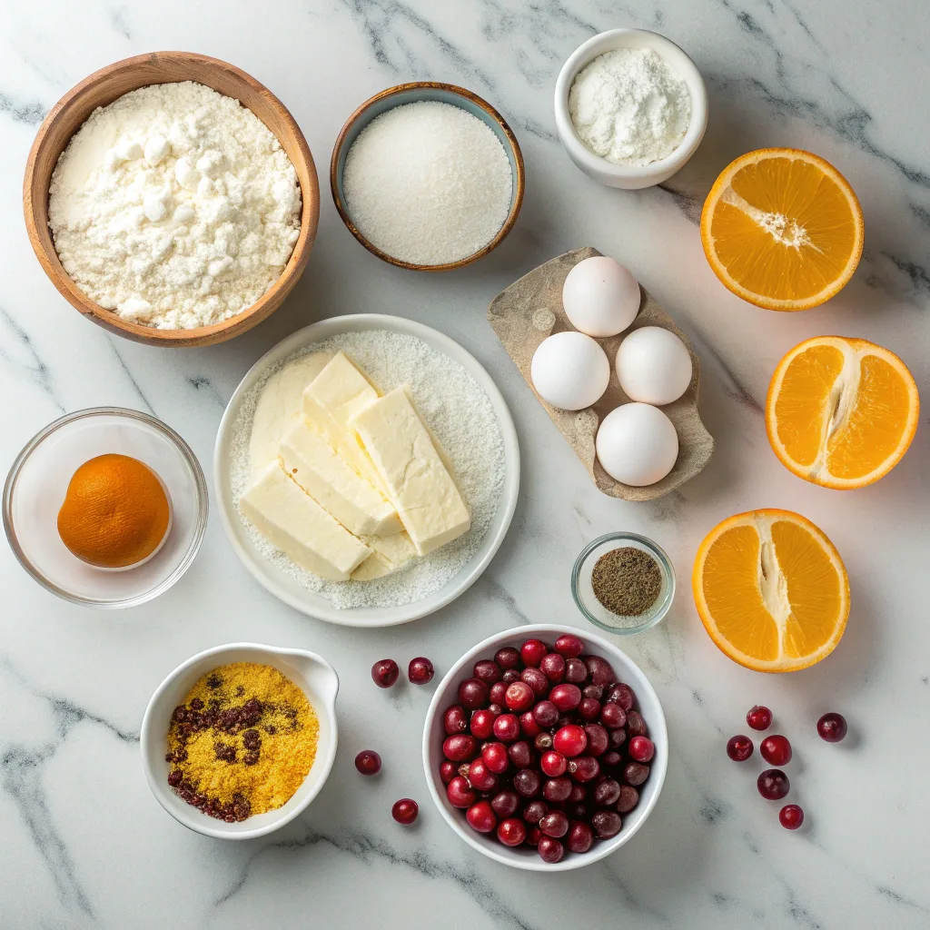 Cranberry Orange Layer Cake – Easy, Festive, and Delicious Dessert 9 Ingredients for cranberry orange layer cake laid out