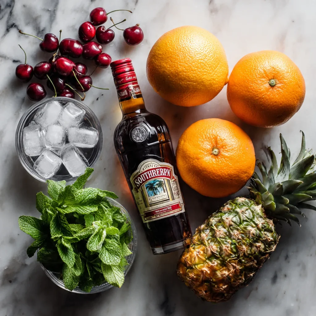 Boozy Southern: Easy Southern Comfort Drinks for Any Occasion 9 Ingredients for Boozy Southern cocktail laid out