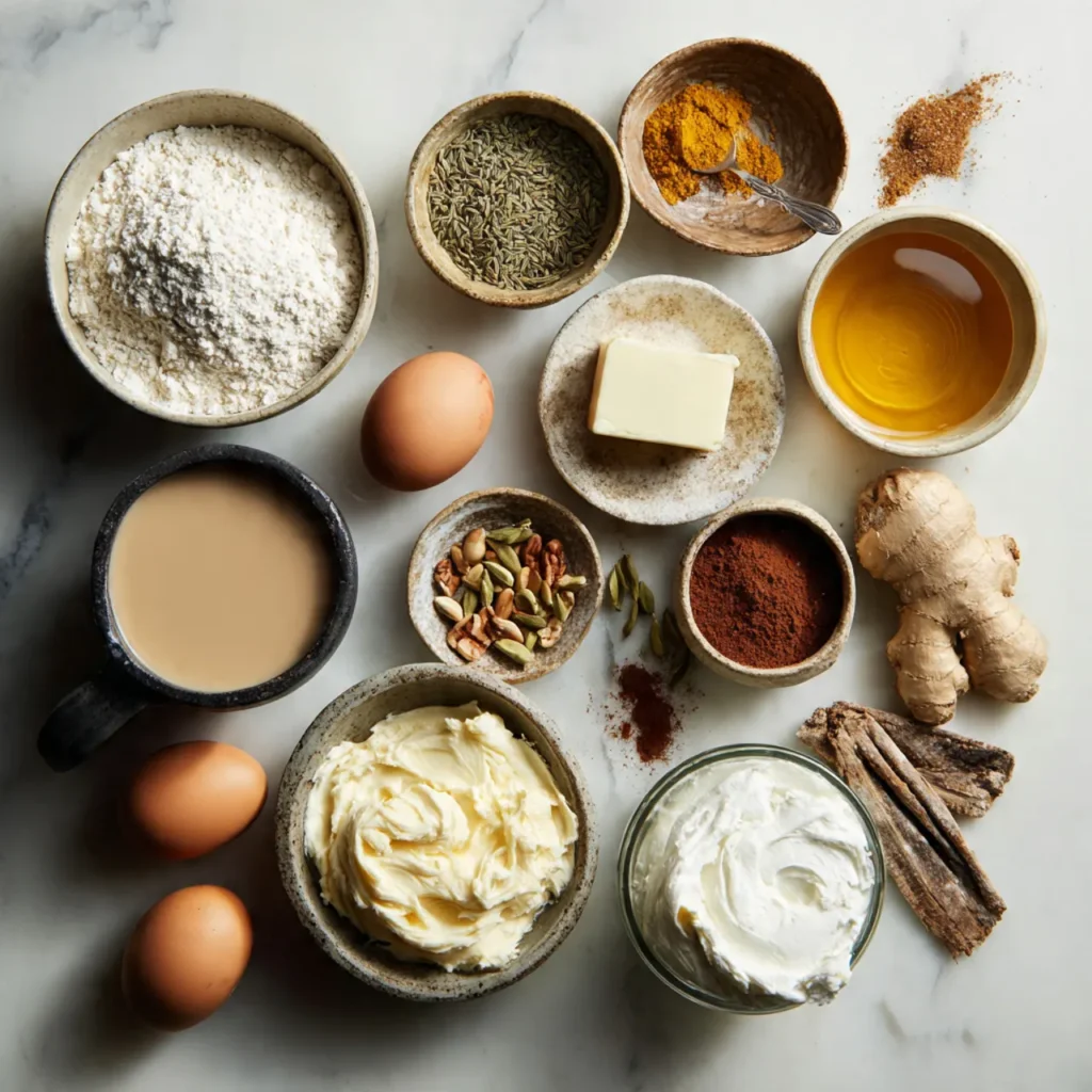 Ingredients for chai cake on marble counter