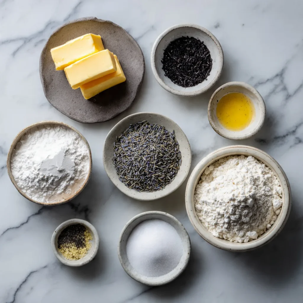 Ingredients for Earl Grey shortbread cookies on marble counter