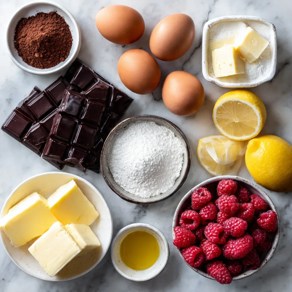 Ingredients for flourless chocolate raspberry cake