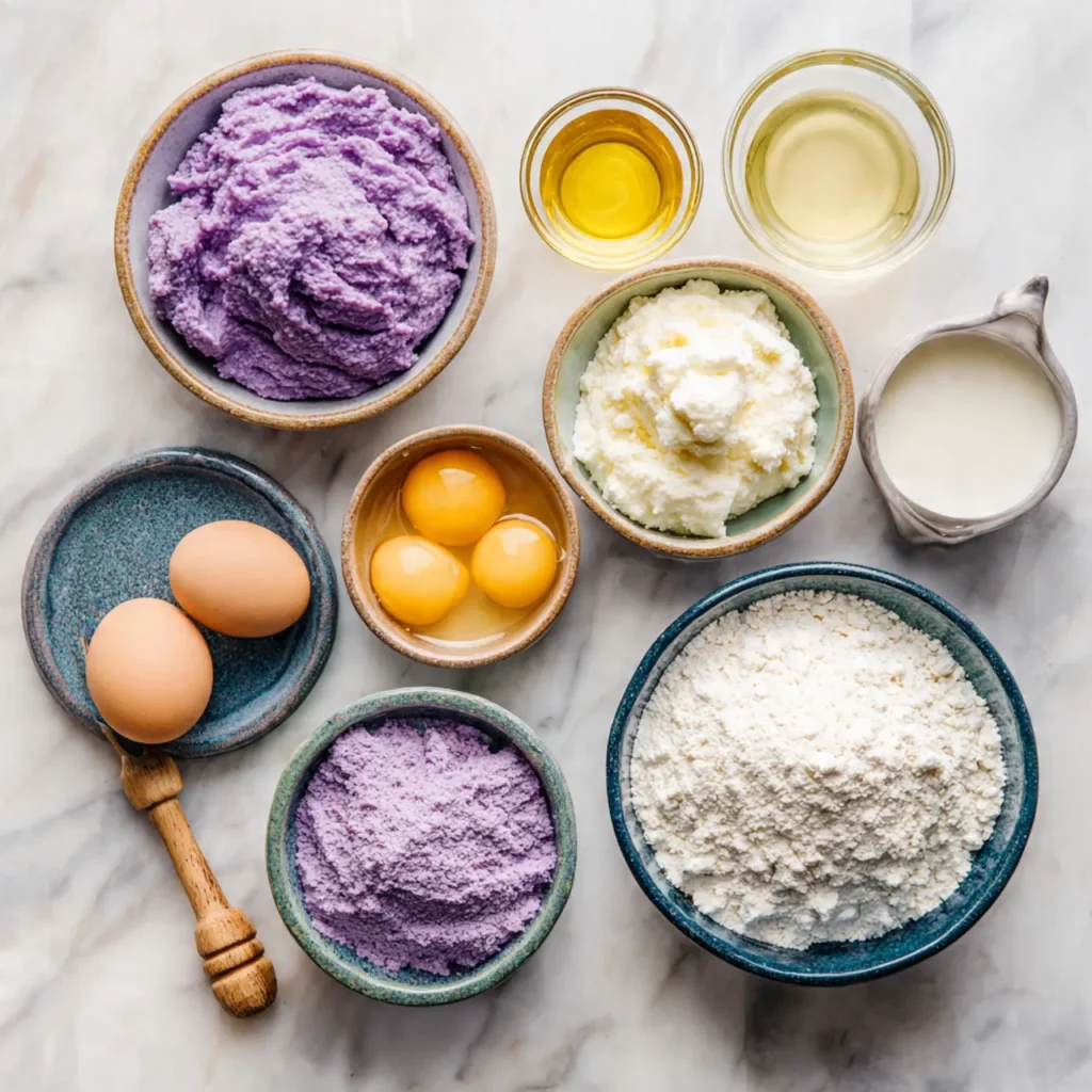 Ingredients for fluffy taro ube cloud cake