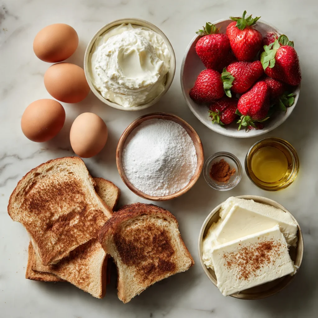 Ingredients for fried strawberry cheesecake sandwiches