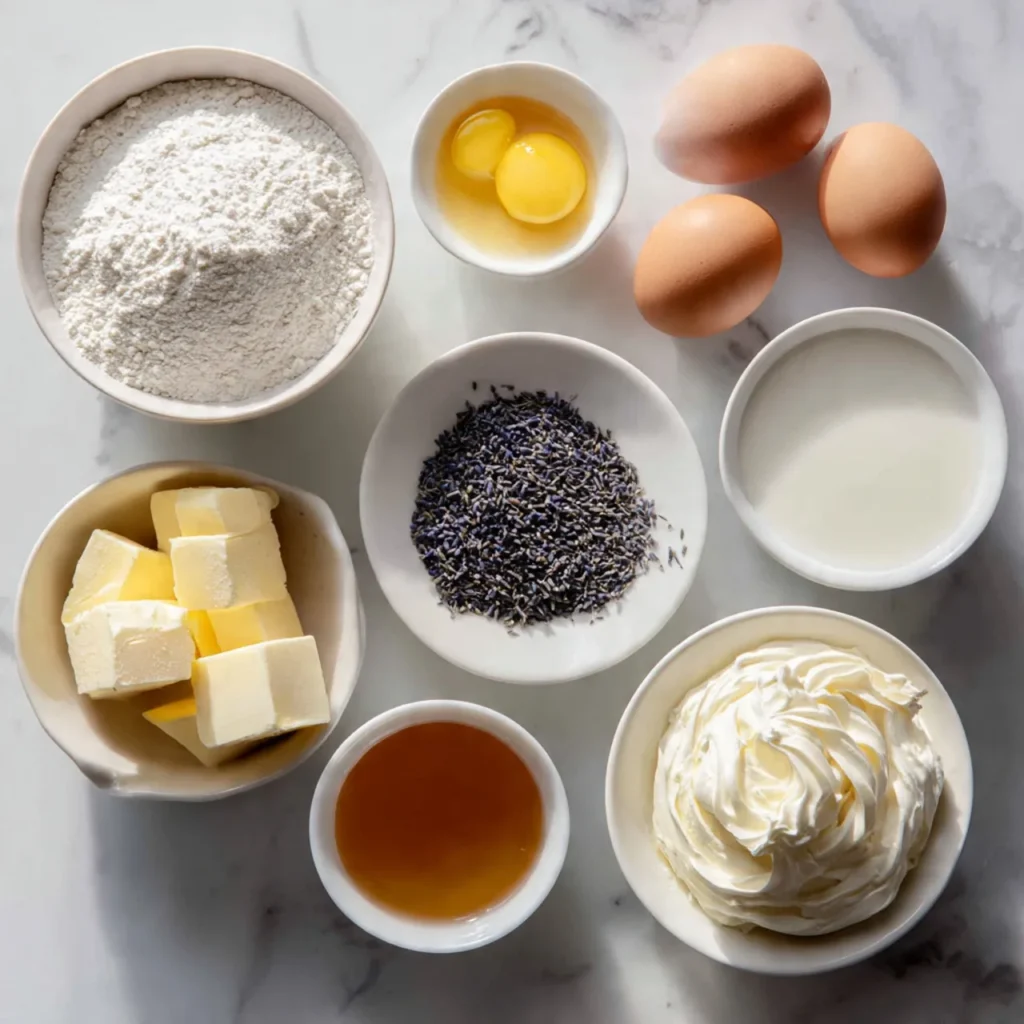 Ingredients for London Fog Cake on marble counter