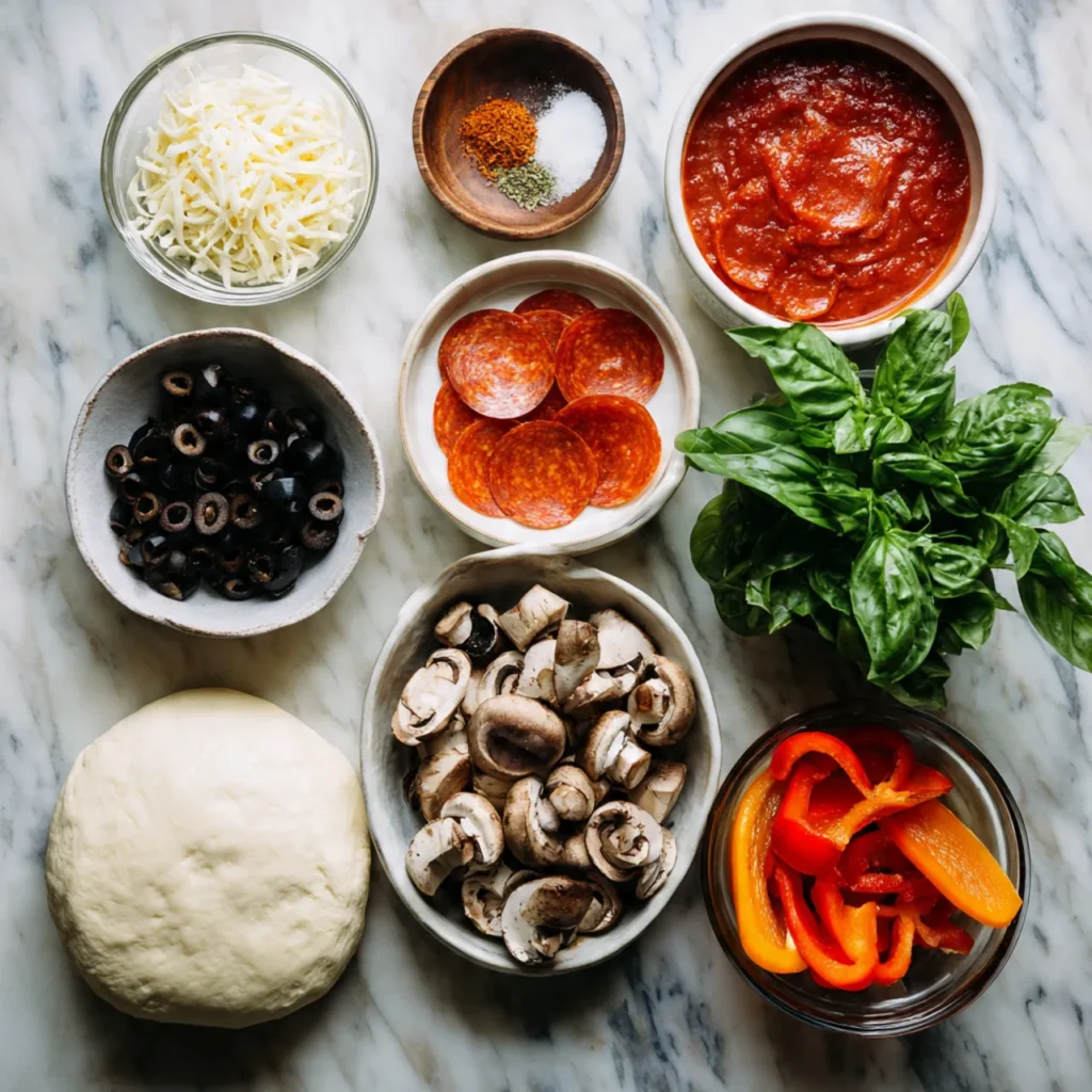 Ingredients for mini pumpkin pizzas laid out