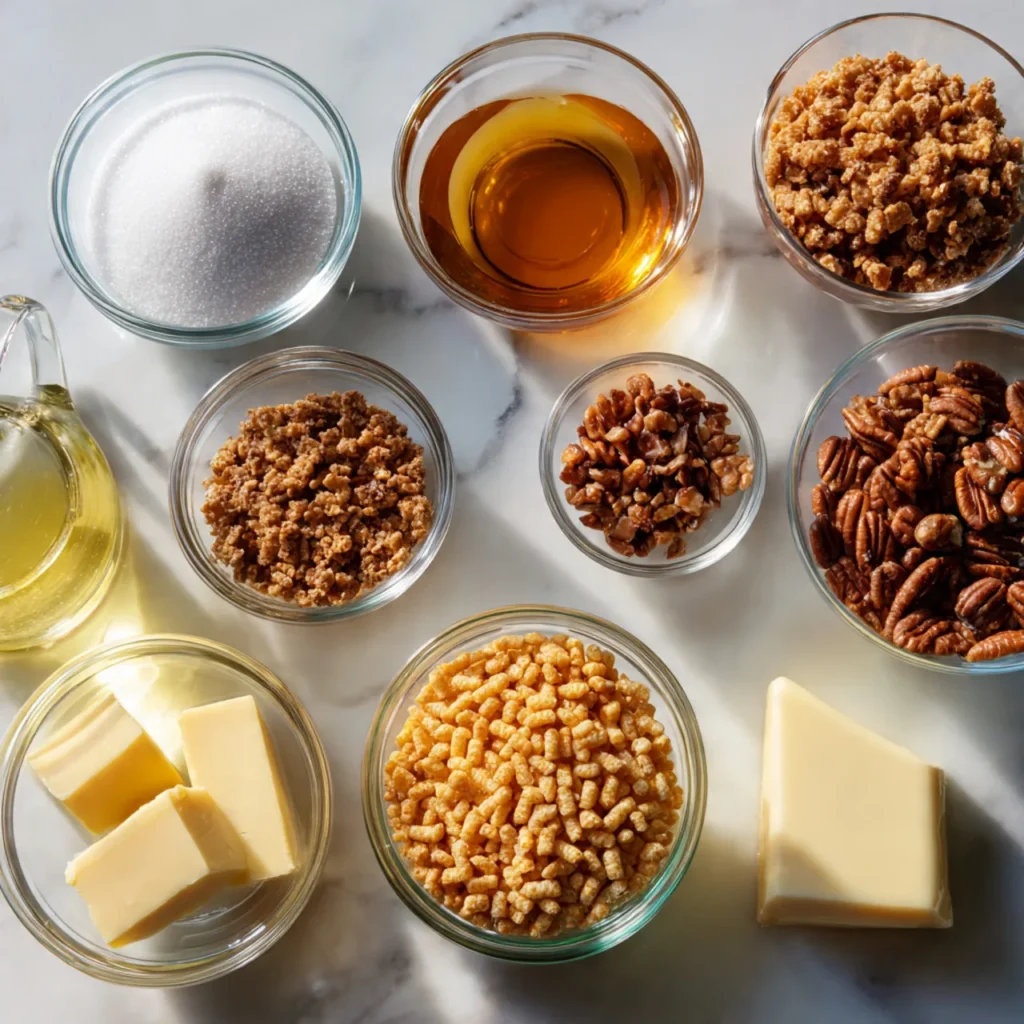 Irresistible Praline Crunch for Cakes, Ice Cream, and Desserts 9 Ingredients for praline crunch laid out on marble