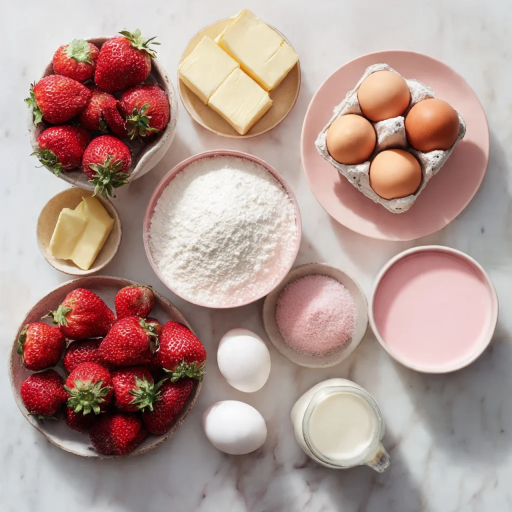 Strawberry pound cake ingredients on marble counter
