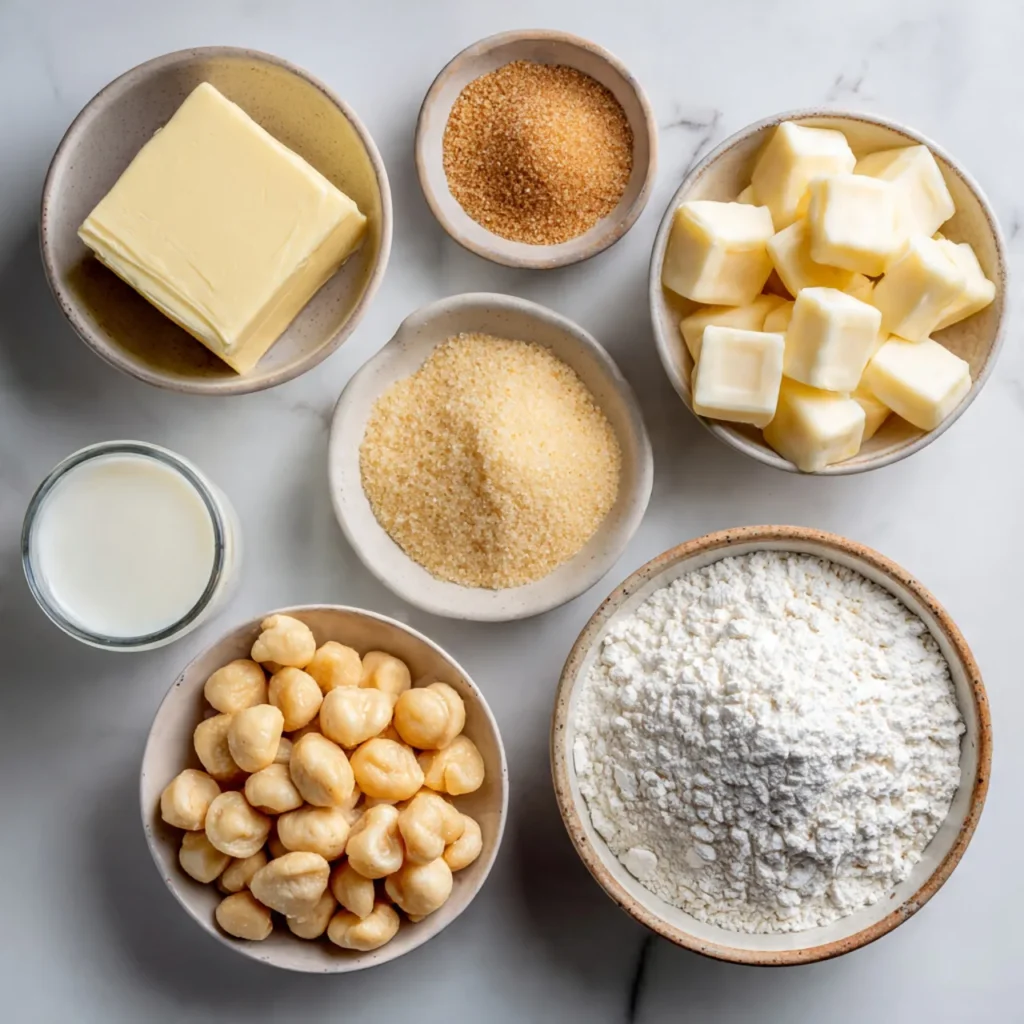 Ingredients for vegan white chocolate macadamia nut cookies