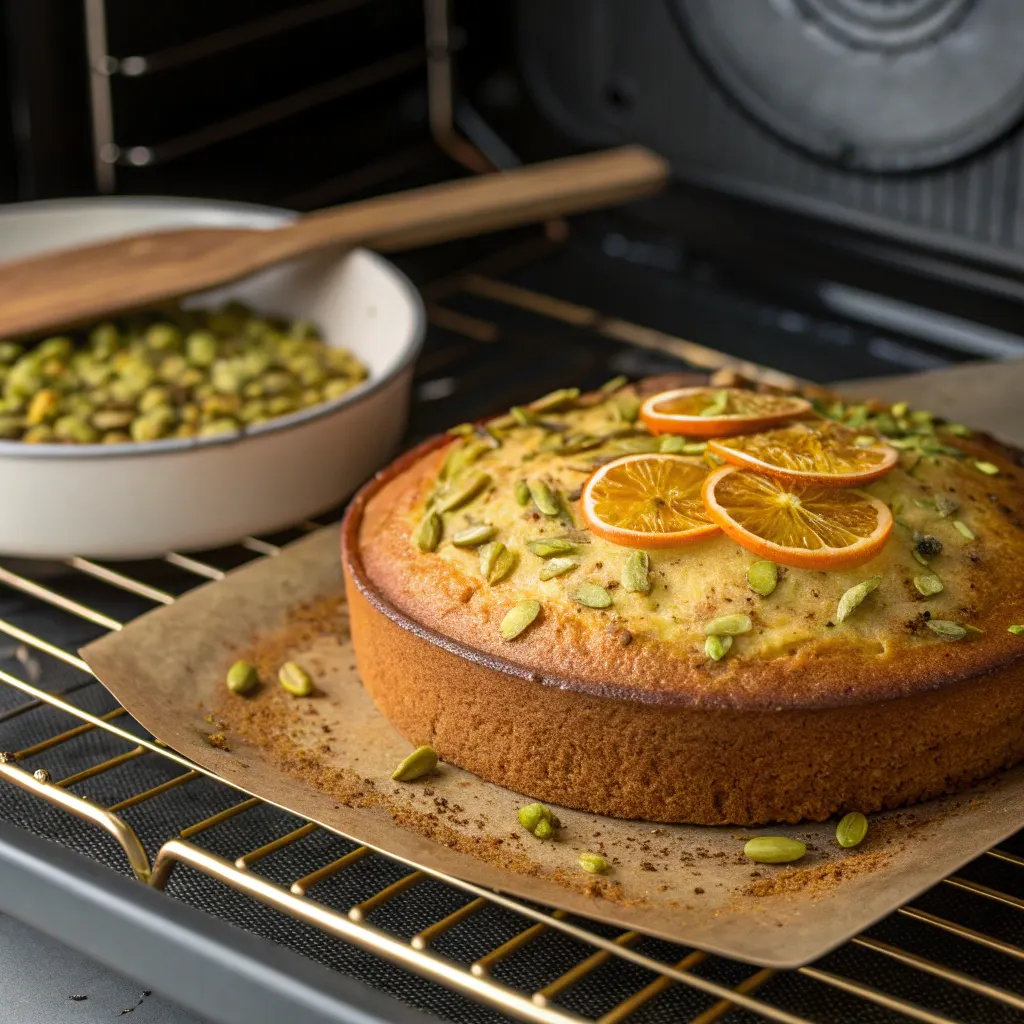 Baking Cardamom Orange Pistachio Tea Cake in oven