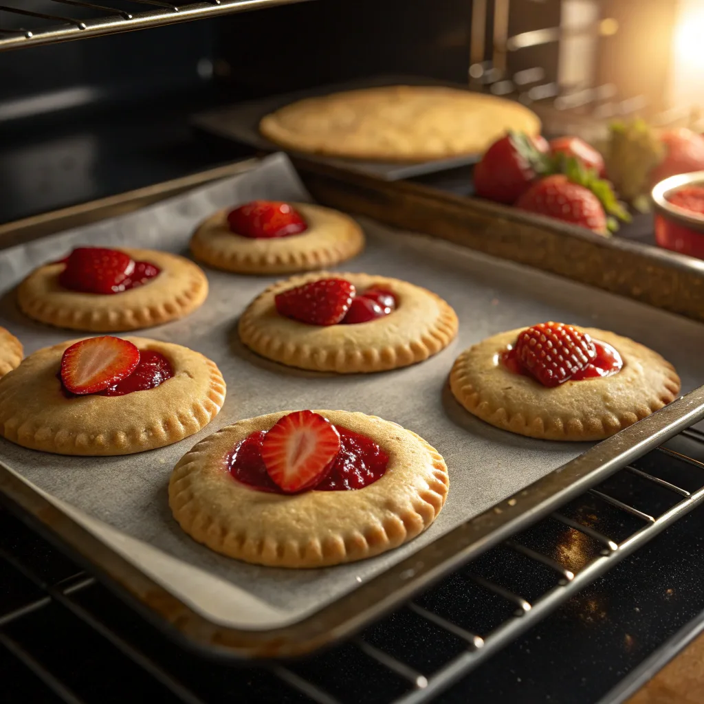 Strawberry Filled Pop Tart Cookies Recipe – Soft, Gooey, and Easy 10 Strawberry filled pop tart cookies baking in oven