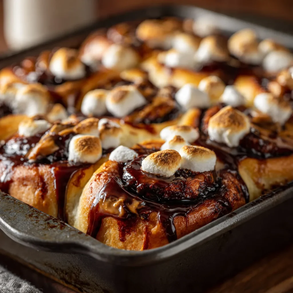 Peanut Butter S’mores Sweet Rolls – Easy, Indulgent, Homemade 10 Baking Peanut Butter S’mores Sweet Rolls in pan