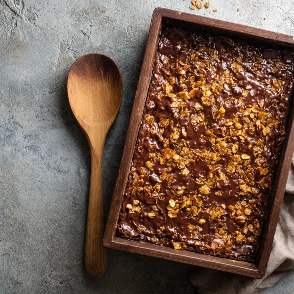 Baking cornflake crust brownies in pan