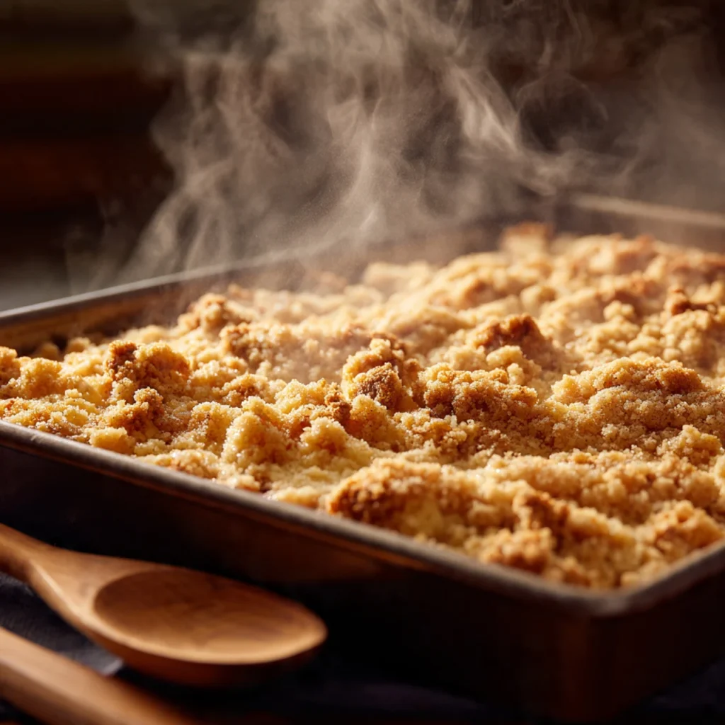 Eggnog coffee cake baking in 9x13 pan