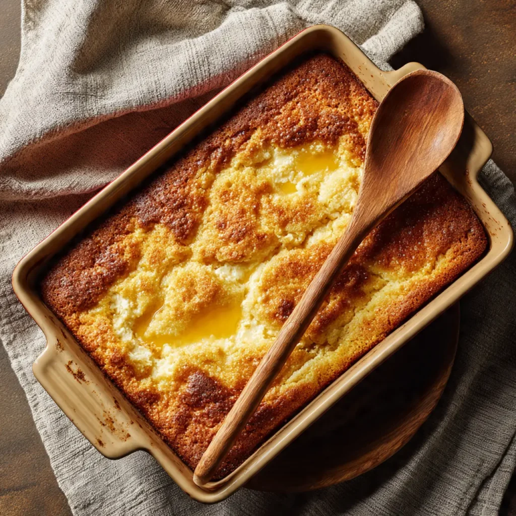 Lemon cream cheese dump cake baking in pan